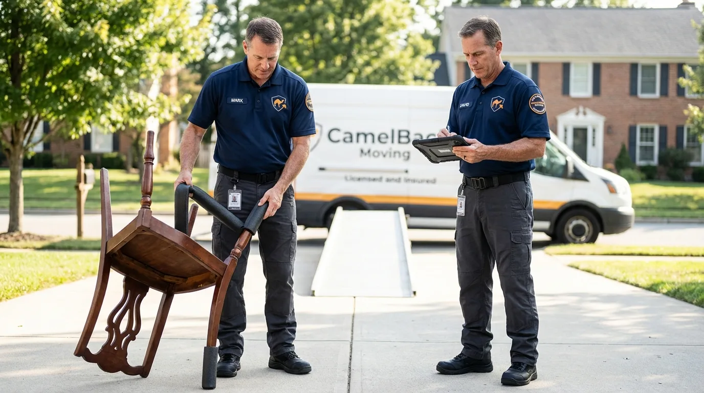 Movers inspecting furniture for damage prevention before loading in Republic, PA